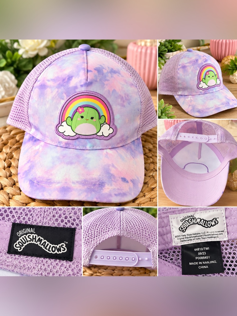 Squishmallows Lavender Tie-Dye Trucker Hat with Rainbow Cactus Patch
